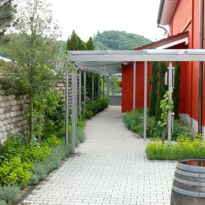 Der Weg zum WC entlang der Weinbar 'Am Altebach' im Frühjahr. Es blühen Euphorbia amygdaloides 'Purpurea' in frischem Gelbgrün.