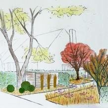 Skizze zur Visualisierung einer Vorgartenbepflanzung im Herbst.